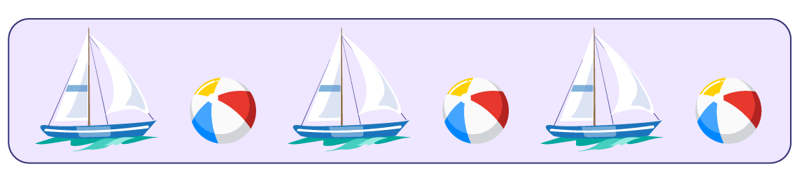 A sequence of 2 objects, sail boat, ball, sail boat, ball, sail boat.