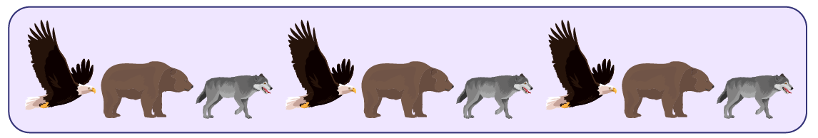 A sequence of animals, American eagle, a brown bear, and a gray wolf, American eagle, a brown bear, and a gray wolf, American eagle, a brown bear, and a gray wolf.