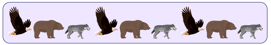 Une suite d'animaux, l'aigle, l'ours, le loup, l'aigle, l'ours, le loup, l'aigle, l'ours, le loup.