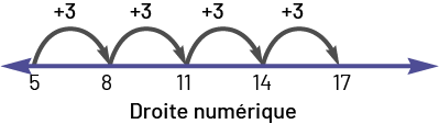  Une droite numérique de 5 à 17. Des flèches représentent les bonds de plus 3.