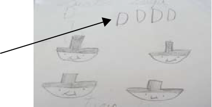 A drawing of a sequence that include the item and the first letter of the item. An arrow points to the letters.