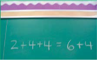 The mathematical equation is written of the board: 2, plus, 4, plus, 4, equals, 6, plus, 4.