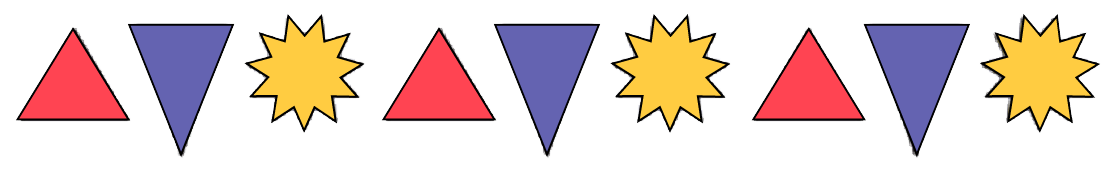 A sequence of a repetitive motif of 3 elements. A triangle pointing towards the top, triangle pointing towards the bottom, and sun.