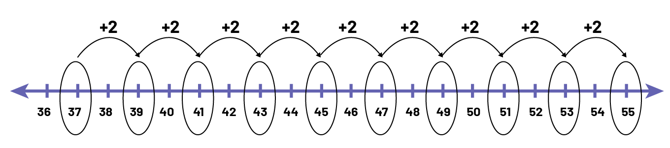 A right numerical line, from 36 to 55. Each term of the sequence is underlined. The rule of regularity is represented by traits that form a bond, left to right, of plus 2.