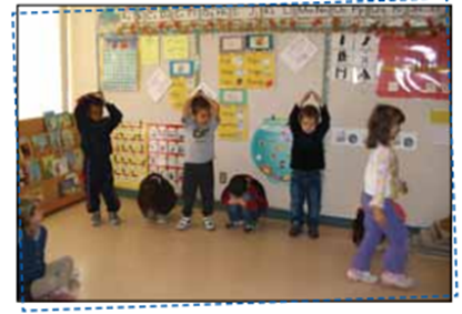 Children make a sequence of a repetitive motif with their bodies. They alternate between standing with hands in the air and kneeling positions on the floor, repeated 2 times. 
