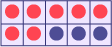 Square 8: 7 red and 3 blue circles. 7, plus, 3, equals, ten. Ten, minus, 3, equals, 7.