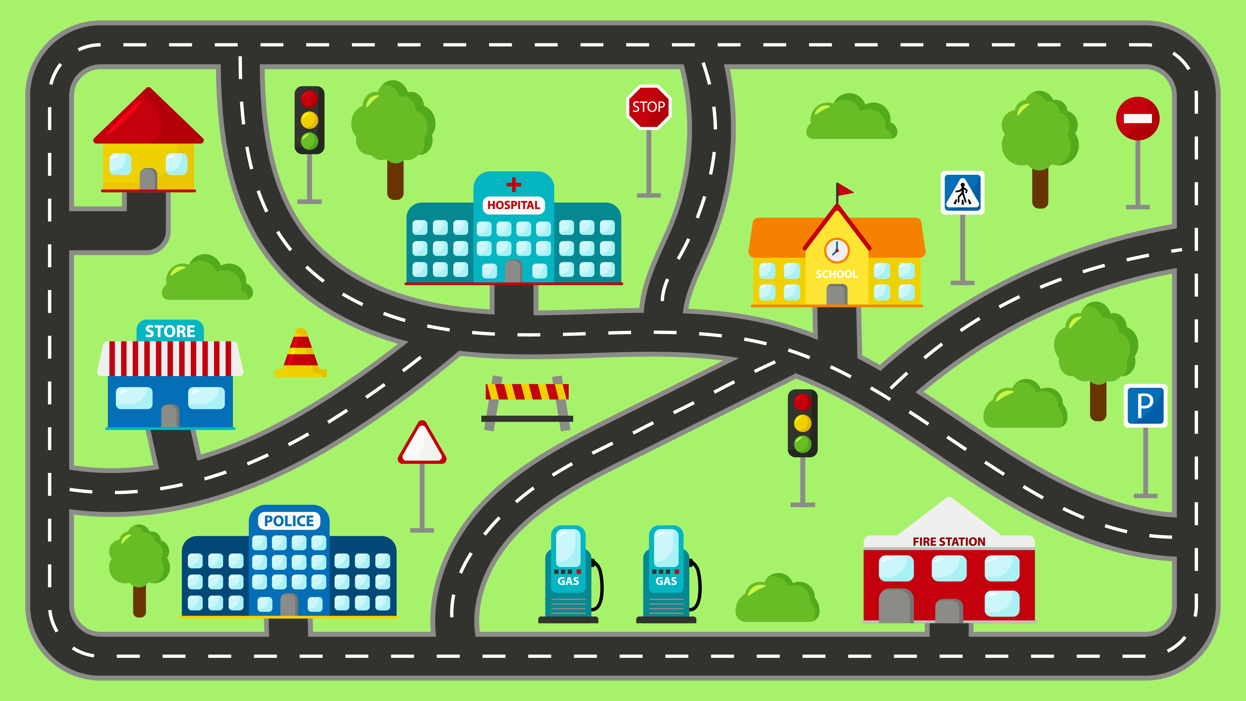 A road frames the green town with a few streets. The town has a house, a store, a police station, a hospital, a school, a fire station, 2 gas pumps, 2 traffic lights, a few trees and some road signs.