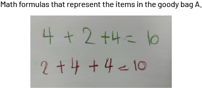 Mathematical representation of the item in the surprise bag « A ». The equation: 4, plus, 2, plus, 4, equals, ten. 2, plus, 4, plus, 4, equals, ten. 