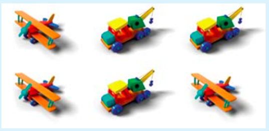 The figure has 3 airplanes and 3 tow truck in two rows. Row 1 has airplane, tow truck, tow truck and row 2 has airplane, tow truck, airplane.