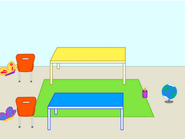 Scene of a classroom created with coding imagery. The scene has two butterflies, two chairs, two tables, a green carpet, a glass, and a terrestrial globe.