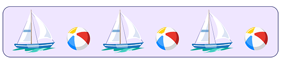 A sequence of objects: sailboat, beach ball, boat, beach ball, sail boat, and beach ball.