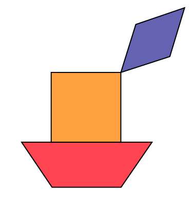3 shapes are used on top of another to form a steamboat. The base is a red trapezoid, the body is a yellow square, and the chimney is a blue diamond angled to the right.