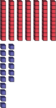 Decomposed representation of 86 numbers with nestable cubes. 7 tens, 16 units.