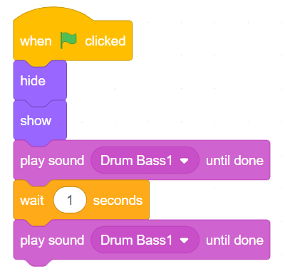 5 blocks as follows:Events blocks stating, “starts on when green flag is clicked”.Looks blocks stating “hide”. Controls blocks stating “wait, ‘two’ seconds”.Looks blocks stating “show”.Sounds blocks stating “play the sound ‘b sax’’’.