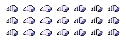 21 seashells placed into three rows. 
