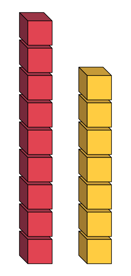 2 towers of cubes. One of 9 red, and one of 7 yellow. Plus, 2 towers cubes. One cube removed from a nesting cube of 8 cubes.  Then another stack of 7 nesting cubes with an extra cube.