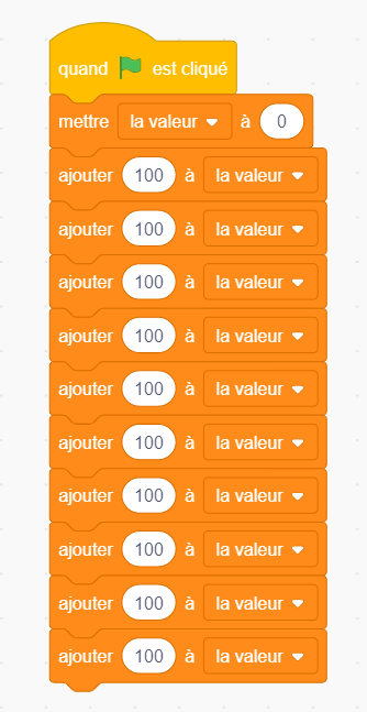 Blocs de codage attachés les uns avec les autres.Bloc de départ : drapeau vert.Bloc variable : mettre la valeur à zéro.10 Blocs de variable : ajouter 200 à la valeur.