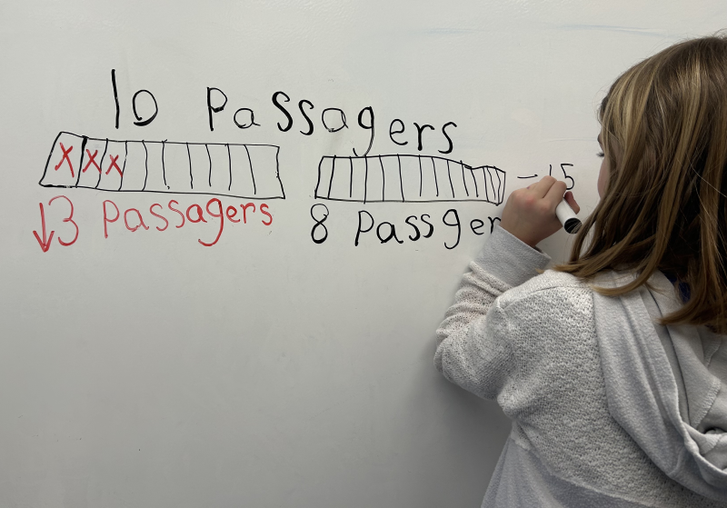 A student is drawing a number line of the board.  The student makes sure the equation is in equilibrium.