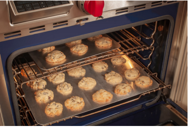An oven is open with cookies on a baking pan in rows. 