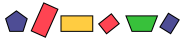 A sequence of repeated forms with a purple pentagon, a red rectangle positioned vertical, a yellow rectangle position horizontal, one red square position vertical, a green trapezoid position horizontal, and a blue square position vertical.