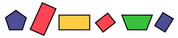 Une suite non numérique de formes : un pentagone violet, un rectangle rouge en position verticale, un rectangle jaune en position horizontale, un carré rouge, un trapèze vert et un carré bleu.