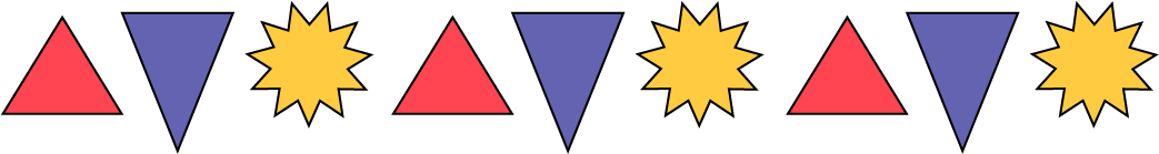 A sequence of a repetitive patterns of 3 elements. A triangle pointing towards the top, triangle pointing towards the bottom, and sun, repeated 3 times.