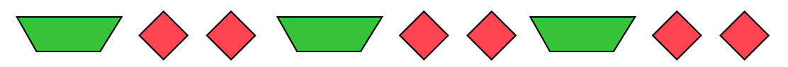 A sequence of repetitive patterns: green trapezoids, two red diamonds repeated 3 times.