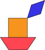 3 shapes are used on top of another to form a steamboat. The base is a red trapezoid, the body is a yellow square, and the chimney is a blue diamond angled to the right.  