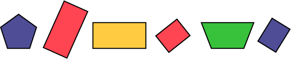 Une suite non numérique de formes : un pentagone violet, un rectangle rouge en position verticale, un rectangle jaune en position horizontale, un carré rouge, un trapèze vert et un carré bleu.