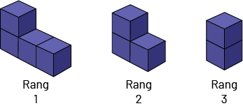 Suite non numérique à motif croissant : suite « C », Rang un, 4 cubes. Rang 2, 3 cubes. Rang 3, 2 cubes.