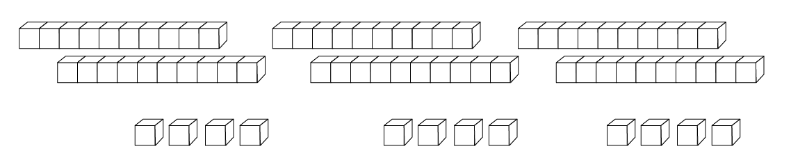 Le chiffre 24 est représenté avec 2 bâtons de dizaines et 4 blocs d’unité. Répété 3 fois.