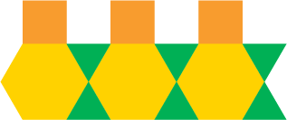 Suite non numérique:Un hexagone jaune avec un carré orange par-dessus et la fin est deux triangles verts dont les sommets se touchent.Ce modèle est répété 3 fois.