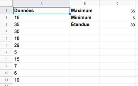 Liste de données représentée dans un tableur avec des valeurs aléatoires entre un et 35. 