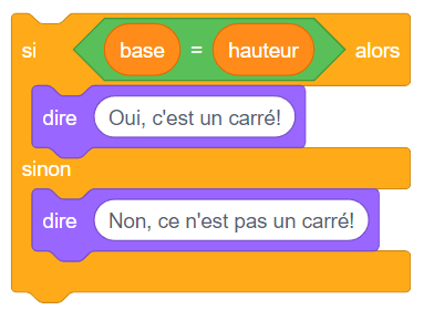 Blocs de codage attachés ensemble : Bloc de variable : si base égal hauteur alors. Bloc apparence : dire « oui c’est un carré ». Bloc variable : sinon. Bloc d’apparence : « non, ce n’est pas un carré. 