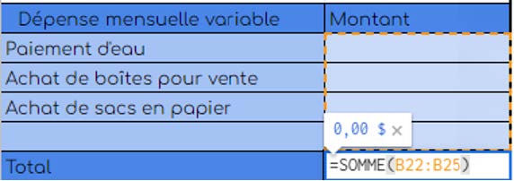 
  Tableau des fonctions indiquant les 