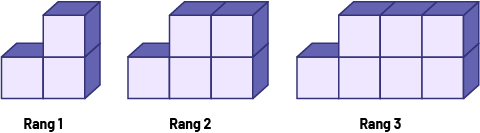 Suite, non numérique à motifs croissants. Rang un : 3 cubes. Rang 2 : 5 cubes. Rang 3 : 7 cubes. 