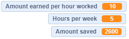 Coding window that show different variables; Amount earned per hour worked: ten. Hours per week: 5. Amount saved: 2600.