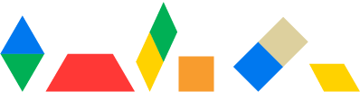 Sequence b: A blue triangle on a green triangle, one red trapezoid, one yellow and green diamond, one orange square, one blue square on the side with one beige square, and one yellow diamond on its side.