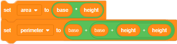 Blocks of code:Variable block stating, “set area to base, multiplied, height”.Variable block “set perimeter to ‘2’, multiplied, base, plus 2, multiplied, height.”