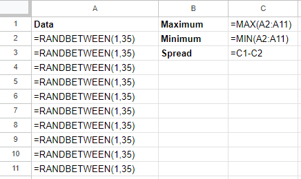 List of data represented in a spreadsheet with random values. The command 'randbetween' between one and 35 is entered 11 times.