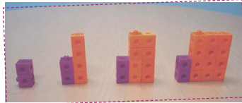 Nonnumeric sequence with decreasing patterns. Figure one: 2 purple blocks. Figure 2: 2 purple blocks and 4 orange blocks.Figure 3: 2 purple blocks and 8 orange blocks.Figure 4: 2 purple blocks and 12 orange blocks. 