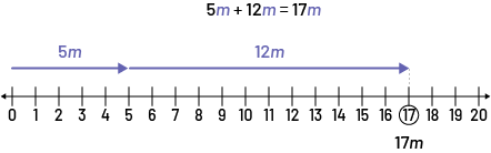 Number line with values of zero to 20 and value 17 is circled. Two arrows pointing left from value zero to 5 and 5 to 12. 5 “m”, plus, 12 “m”, minus, 17 “m”.