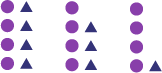 Nonnumeric decreasing sequence of patterns.One: 4 purples rounds and 4 blue triangles.2: 3 purple rounds and 3 blue triangles.3: 2 purple rounds and 2 blue triangles.4: one purple round and one blue triangle.
