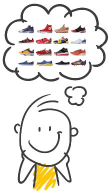 Image of a cartoon student thinking of a sequence of 16 different pairs of shoes.
