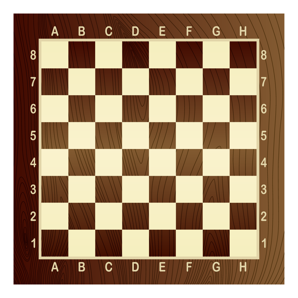 Checkers board labelled horizontally A to H, and vertically one to 8.