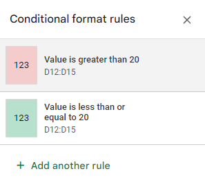 Formatting rules:Green square marked 123: value is greater than 20.Yellow square marked 123: value is between ten and 20.Pink square marked 123: value is less than ten.