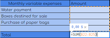 Table of functions showing ‘monthly variable expenses’ of the budget.
