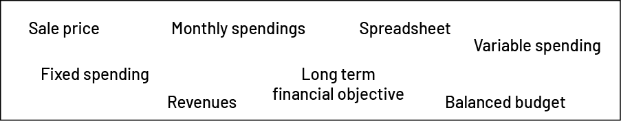 Different vocabulary students can used to create a budget plan. -Sale price-Monthly spendings-Spreadsheet-Variable spending -Fixed spending-Revenues-Long term financial objective-Balanced budget