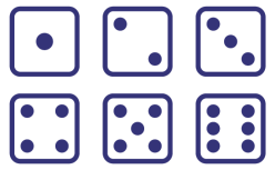 Six dés à jouer sont placés en deux rangées. Le premier dé montre un point, le deuxième dé montre deux points, le troisième dé montre trois points, le quatrième dé montre 4 points, le cinquième dé montre cinq points et le sixième dé montre 6 points.