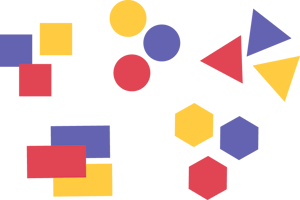 Five groups of three logical blocks, one blue, one yellow and one red: one group of squares, one group of disks, one group of triangles, one group of rectangles and one group of hexagons. 